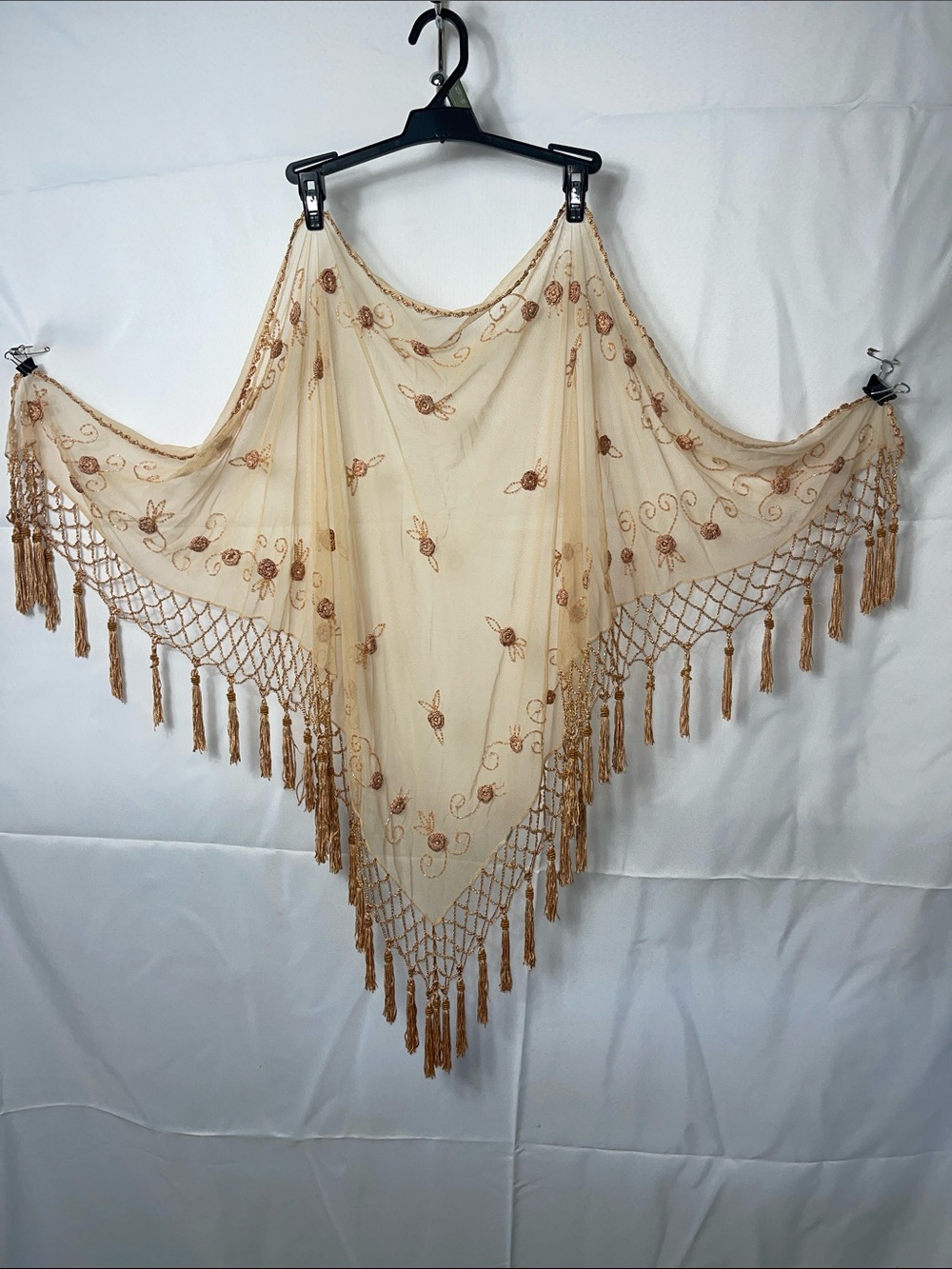 Beige Embroidered rosettes Beaded Fringe Shawl - Lightweight Women’s Scarf